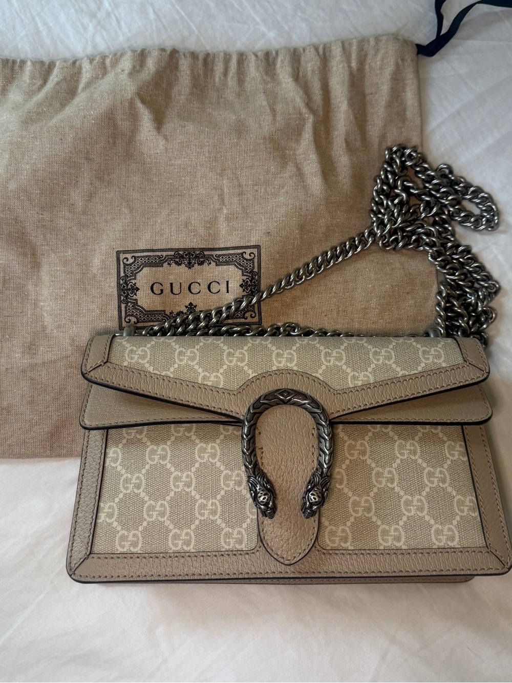 Gucci Beige GG Supreme Dionysus Shoulder Bag with Silver Chain